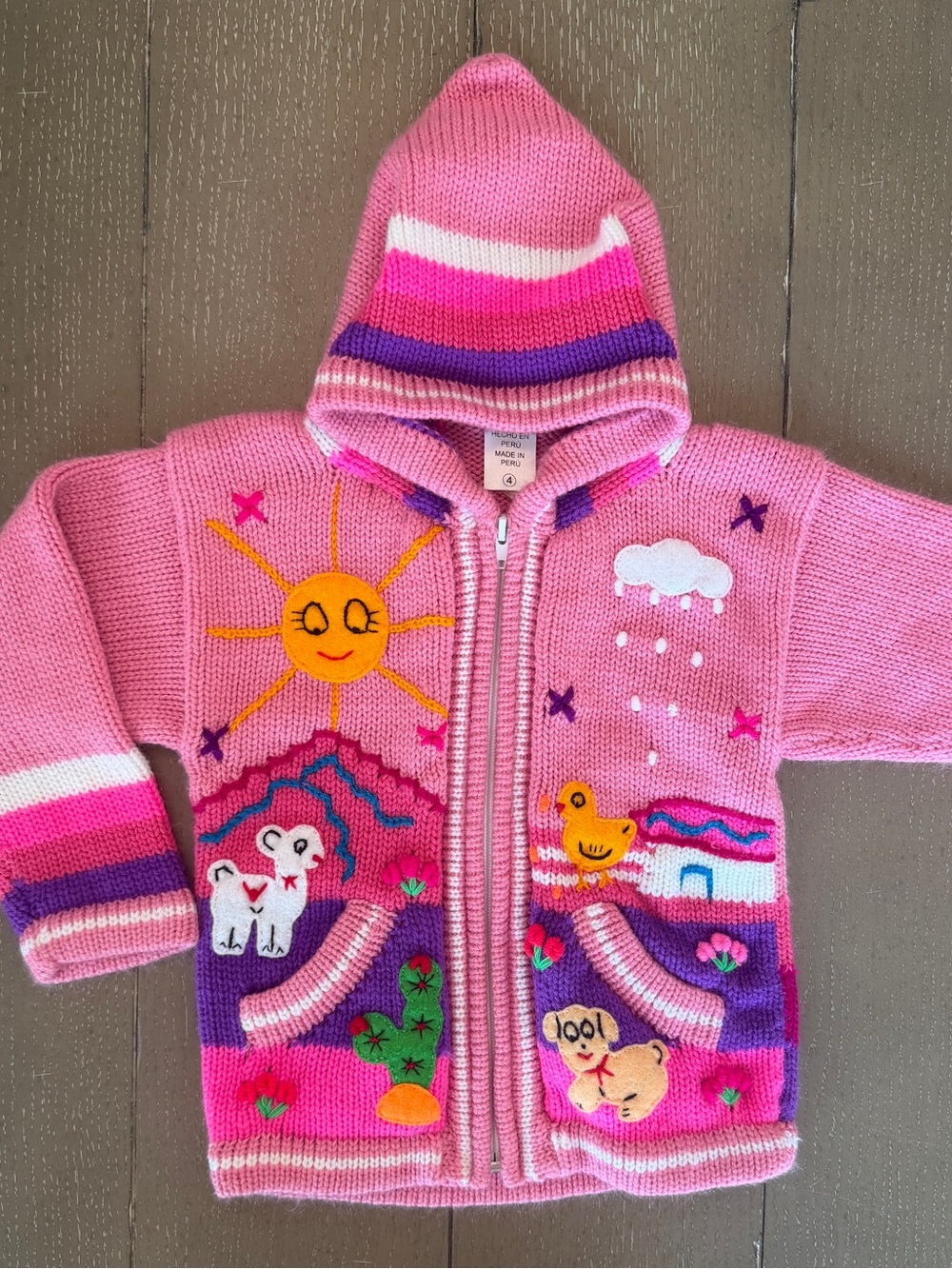 Girls Peruvian Handmade Colorful Knit Hooded Sweater Jacket with Animals Size 4